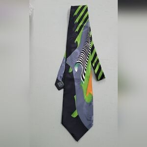 Silk Abstract Pattern Necktie in Lime Green, Black & Gray
